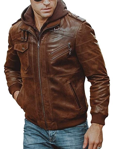 FLAVOR Men Brown Leather Motorcycle Jacket with Removable Hood | Leather jacket men style ...