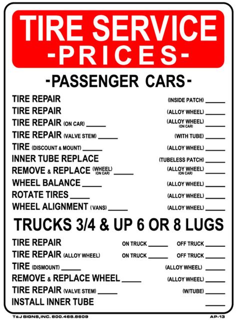 Tire Service Prices 24 x 18 - Emissions Depot®