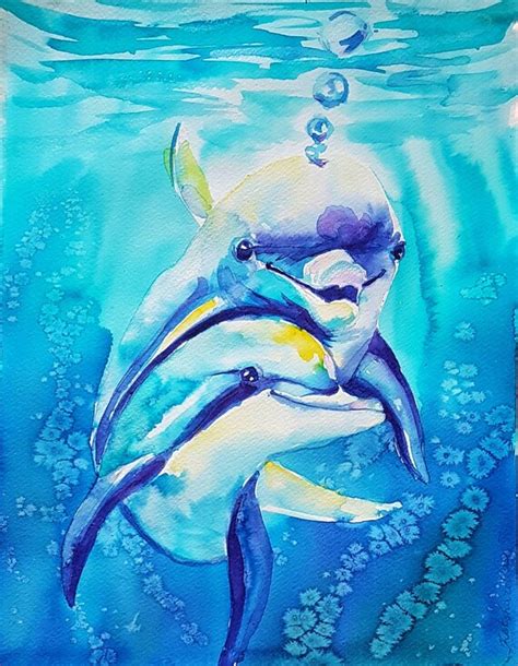 Dolphins Original watercolor painting ocean art nursery wall