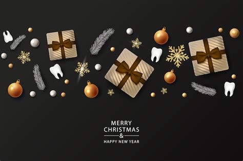 Premium Vector | Christmas dentist banner with 3d teeth on ribbon on black background. merry ...