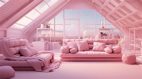 Premium AI Image | barbie pink interior of modern living room attic with pink walls wooden floor ...