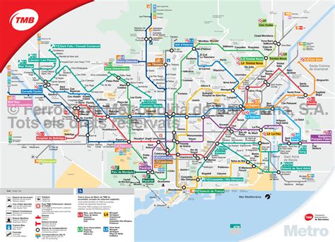 Map of Barcelona subway, underground & tube (metro): stations & lines