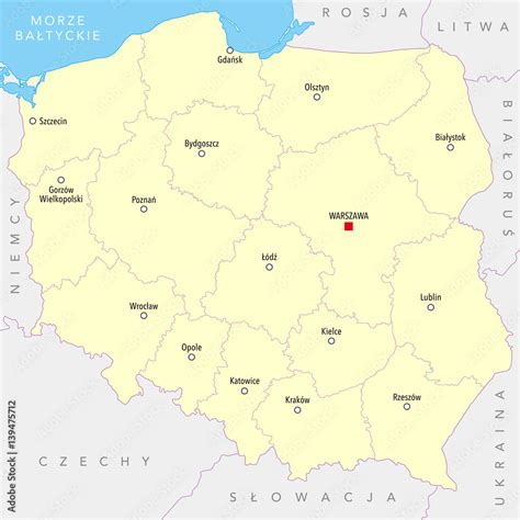 Map of Poland with cities, provinces - names in Polish Stock ...