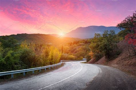 Mountain road at sunset stock photo containing landscape and road | Nature Stock Photos ...