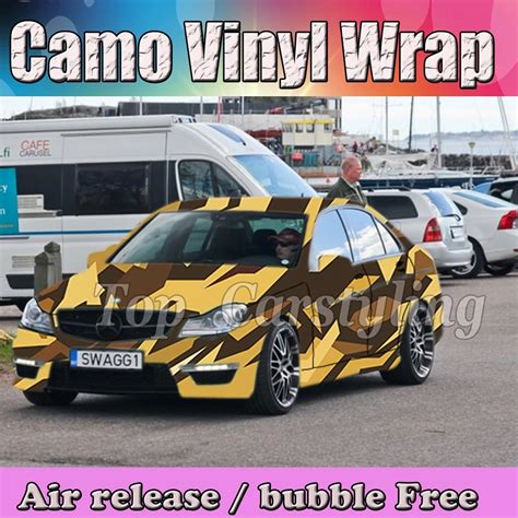 Coffee & Yellow & Black Camo Car Wrapping film Camouflage Car Styling camo vinyl car wraps with ...