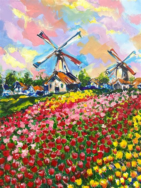 Tulip Field Painting Landscape Canvas Original Art Holland - Etsy