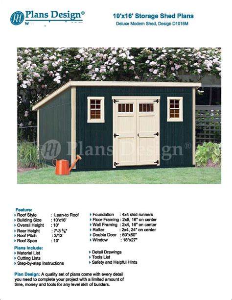 10' x 16' Shed Plans, Deluxe Modern Roof Style, Material List Included ...