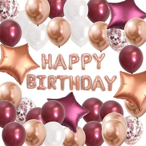 Happy Birthday Balloons for Women- Birthday Decorations Kit Rose Gold Burgundy Foil Balloon ...