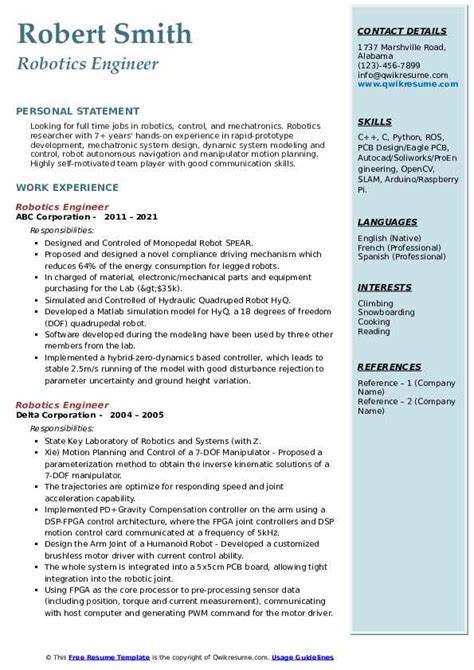 Robotics Engineer Resume Samples | QwikResume