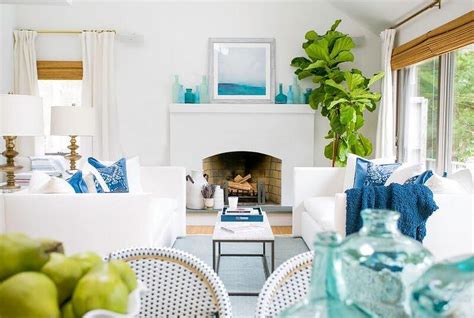 White Coastal Living Room with Blue Accents - Cottage - Living Room
