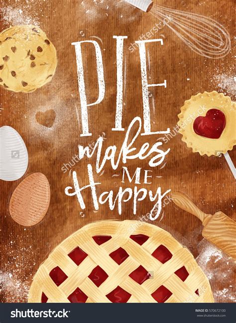 Poster pie with illustrated cookie, egg, whisk, rolling pin in vintage style lettering pie makes ...