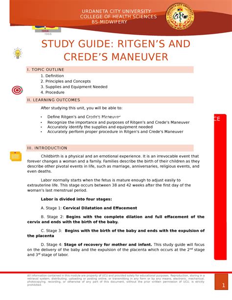 Ritgens AND Creedes Maneuver - STUDY GUIDE: RITGEN’S AND CREDE’S MANEUVER I. TOPIC OUTLINE - Studocu