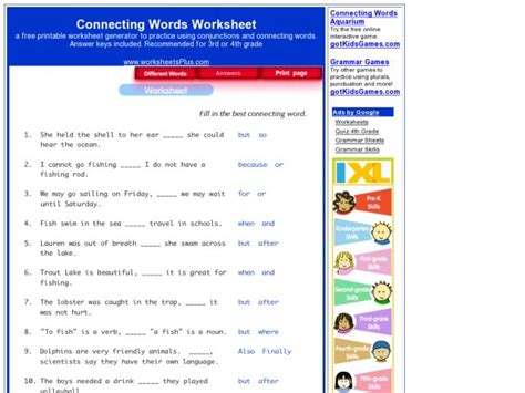 Connecting Words Worksheet Worksheet for 3rd - 4th Grade | Lesson Planet