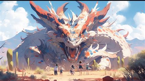 Premium Photo | Anime style painting of a giant dragon with people ...