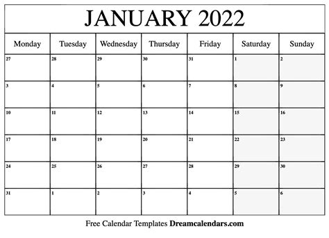 January 2022 Calendar - Free Printable with Holidays and Observances