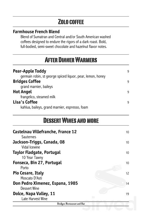 Bridges Restaurant and Bar menu in Danville, California, USA