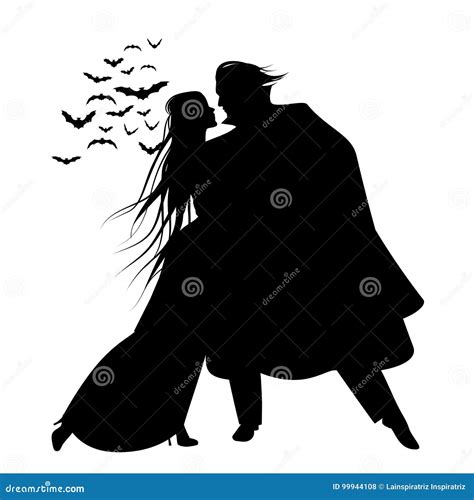 Silhouette of Romantic and Victorian Couple Dancing. Cloud of Bats on ...