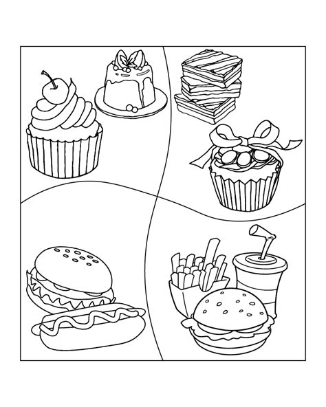 Fast Foods and Sweet Food Groups Coloring Page - Coloring Pages
