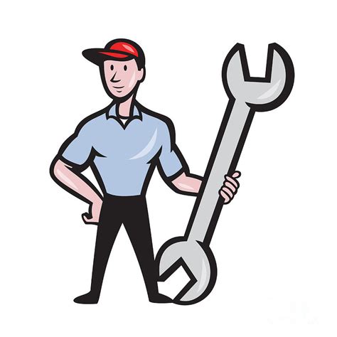 Mechanic Hold Spanner Wrench Cartoon Digital Art by Aloysius Patrimonio