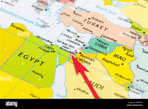 Red arrow pointing Israel on the map of Asia continent Stock Photo ...