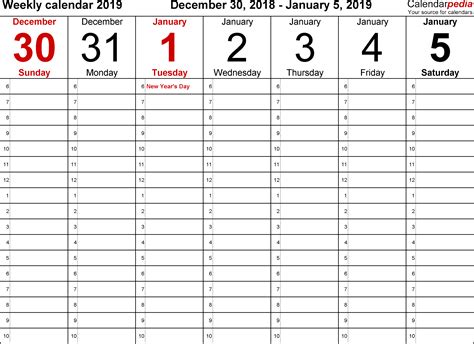 Weekly Calendars 2019 for Word - 12 free printable templates