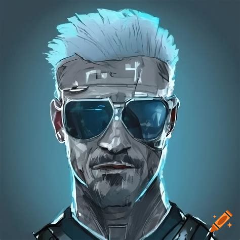 Sketch of a cyberpunk scandinavian man with white fade haircut and aviator sunglasses on Craiyon
