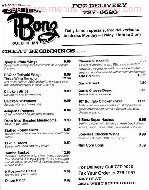 Online Menu of T-Bonz Bar & Grill Restaurant, Duluth, Minnesota, 55806 ...