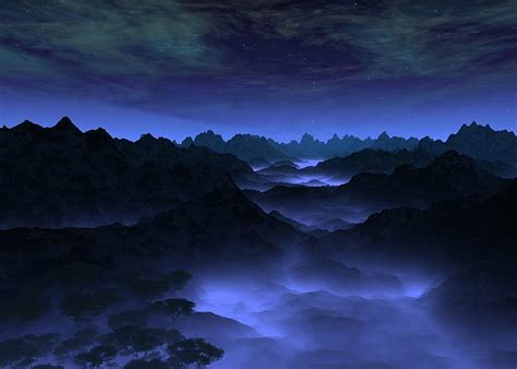 Sky: Stars Mountains Blue Aurora Fog Mist Trees Misty Night Sky HD ...