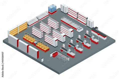 Vector isometric supermarket interior plan. Image includes store cross-section, furniture and ...