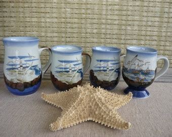 Set of 4 Vintage Japanese Stoneware Coffee Mugs, Nautical, Beach House Decor, Seagull Design