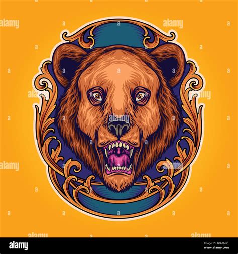 Wild grizzly bear head in engraved ornament frame vector illustrations for your work logo ...