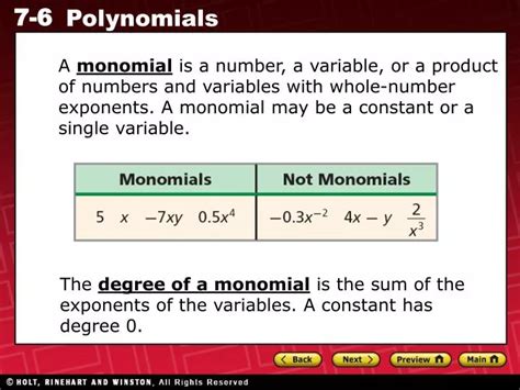 PPT - The degree of a monomial is the sum of the exponents of the ...