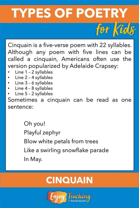 Cinquain is a five-verse poem. Americans generally use a version with 22 syllables. Teaching ...