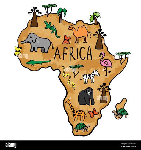 Hand drawn doodle map of Africa. National trees and animals. baobab ...