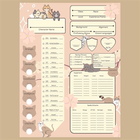 Printable D D E Fillable Cute Cats Character Sheet Blank Etsy France | My XXX Hot Girl