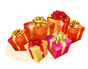 Decorated Christmas Gift Boxes With Gold And Red Ribbons. Vector ...