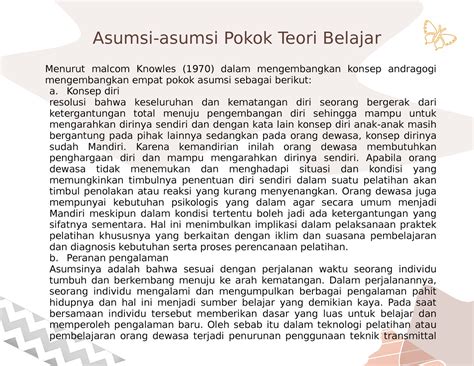 Asumsi-asumsi pokok teori belajar andragogi - Asumsi-asumsi Pokok Teori Belajar Menurut malcom ...