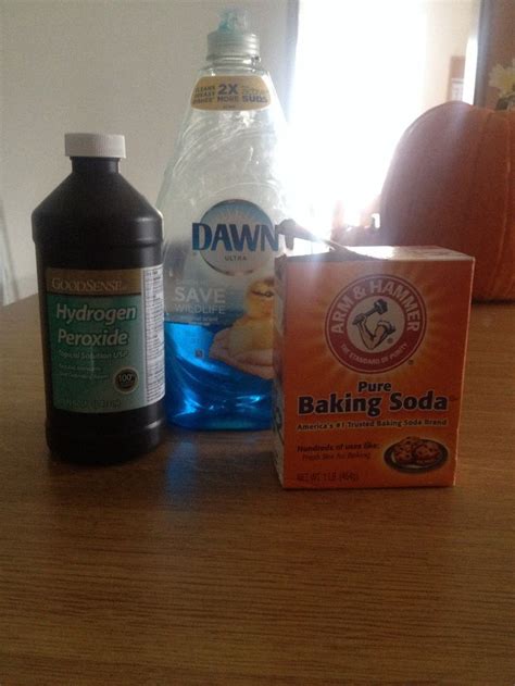 3 tbs baking soda per 8 oz of hydrogen peroxide mix well till baking soda dissolves then add a ...