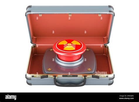 Nuclear briefcase. Nuclear red button inside briefcase, 3D rendering ...