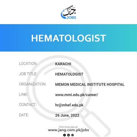 Hematologist Job – Memon Medical Institute Hospital - Jobs in Karachi ...