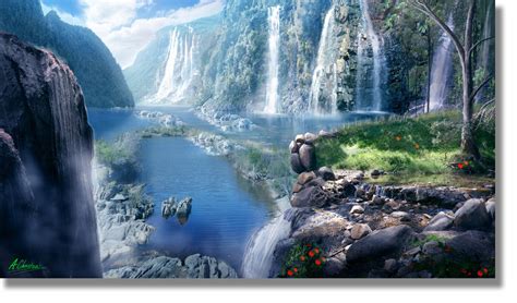 Waterfall Paradise - Landscape Art Print — Anthony Christou Illustration