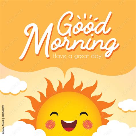 Good Morning. Morning vector illustration with cute smiling cartoon sun, speech bubble and ...