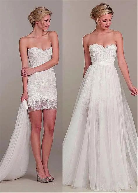 Cecelle 2016 New Short Mini 2 in 1 Sheath Lace Tulle Wedding Dresses With Detachable Skirt ...