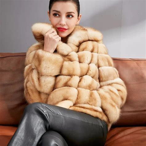 Genuine mink fur coat real fur coats luxury high endfur jacket top quality gold mink marten coat ...