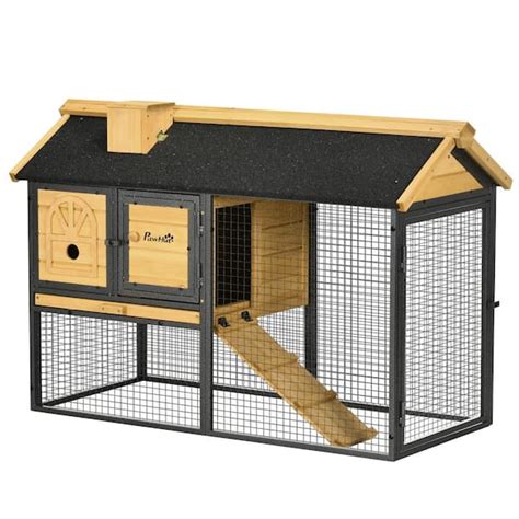 PawHut 47 in. Wooden Rabbit Hutch Outdoor with Run, Metal Frame, 2-Story Bunny Rabbit Cage with ...