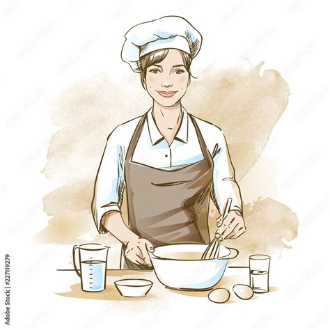 Smiling and happy female chef. Woman chef is cooking with whisk. Hand drawn vector illustration ...