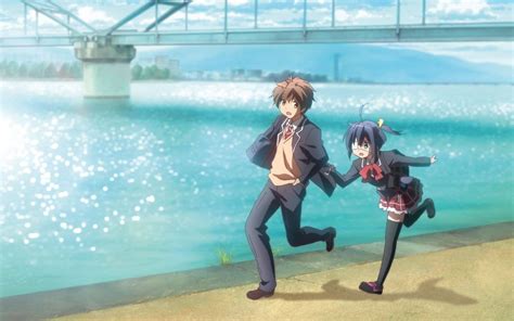 two anime characters are running near the water