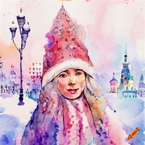 Watercolor christmas card with snow maiden in moscow