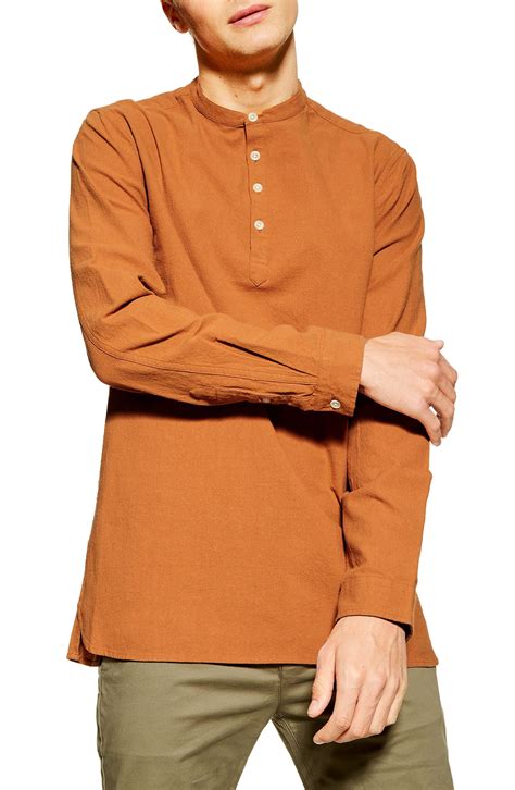 TOPMAN Tobacco Overhead Stand Collar Slim Shirt in Brown for Men - Lyst