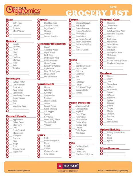 Printable Grocery List Checklist Templates